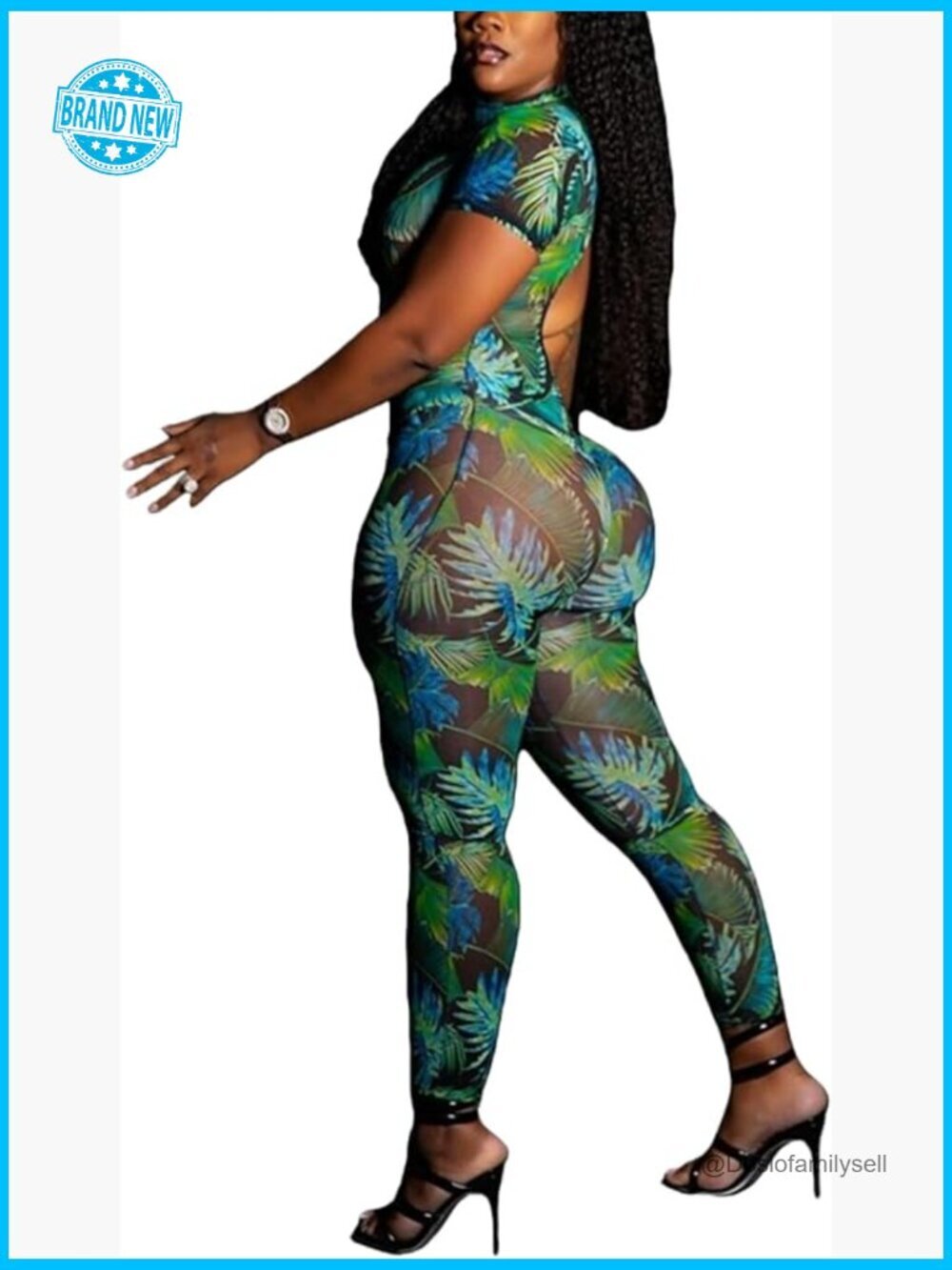 See Through Print Halter Bodycon Jumpsuit Short Sleeve Going Out Party Outfit